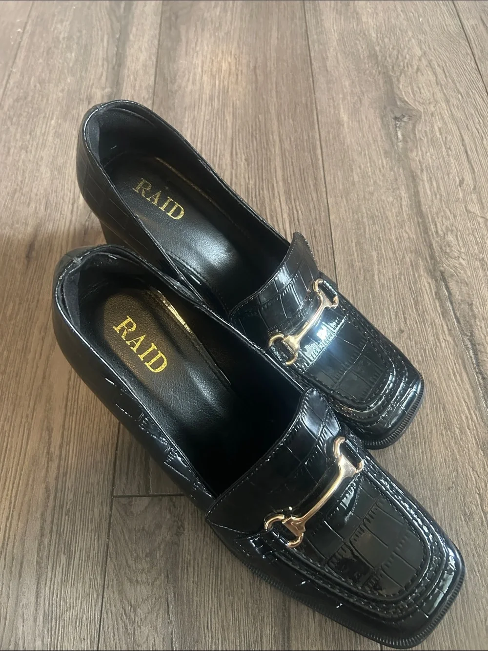 Black Croc-Embossed Block Heel Loafers Gold Bit size 8  fit a size 8.5 to 9